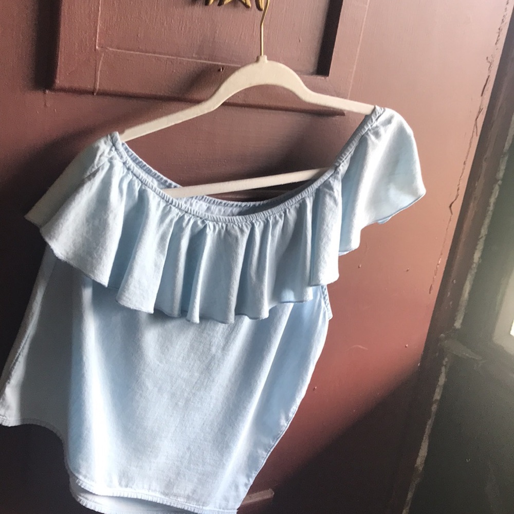 Light Blue Off-Shoulder Ruffle Top - Picture 6 of 7